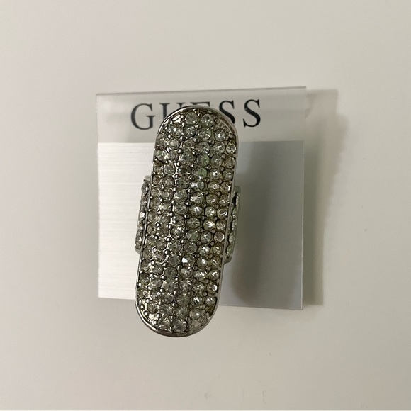 Guess Long Silver Tone Rhinestone Statement Ring Size 8 - Picture 10 of 12
